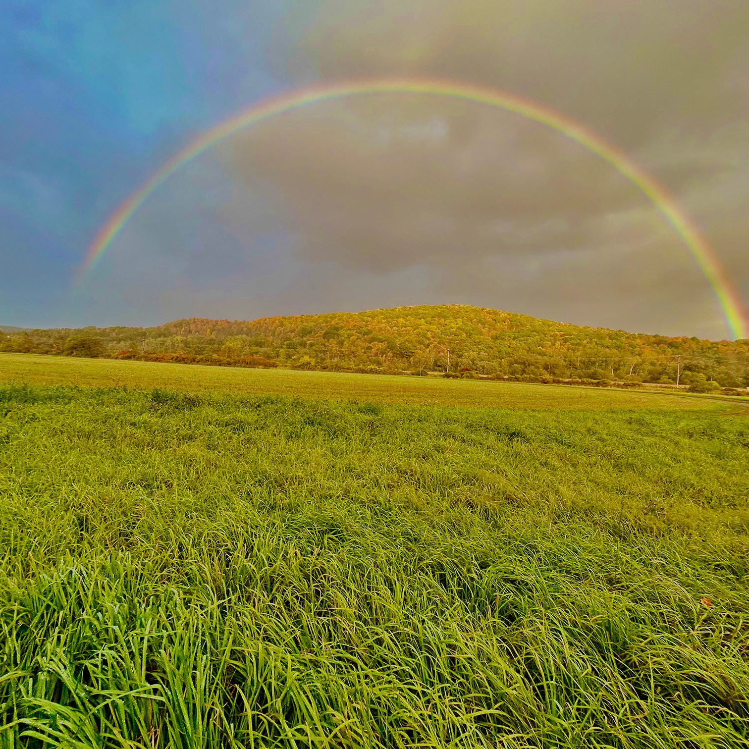Rainbow behind the hills of the mountains as seen at the farm